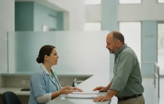 אדם ופקידה משוחחים משני צדי דלפק במוסד ציבורי מואר בעניין דרישת החזר של גמלה