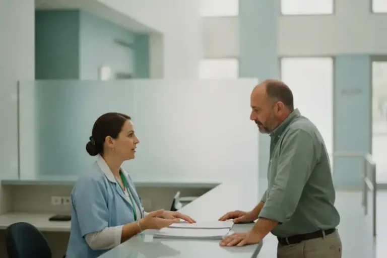 אדם ופקידה משוחחים משני צדי דלפק במוסד ציבורי מואר בעניין דרישת החזר של גמלה