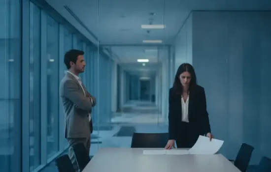 שני אנשי עסקים בחדר ישיבות מזכוכית עם שפת גוף מתוחה