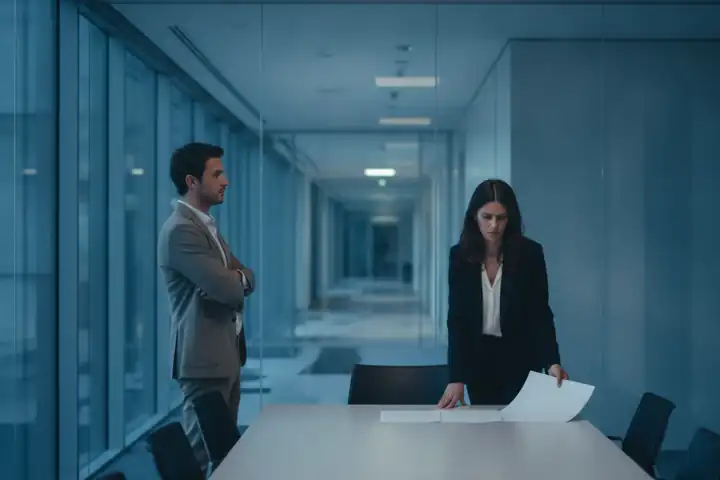 שני אנשי עסקים בחדר ישיבות מזכוכית עם שפת גוף מתוחה