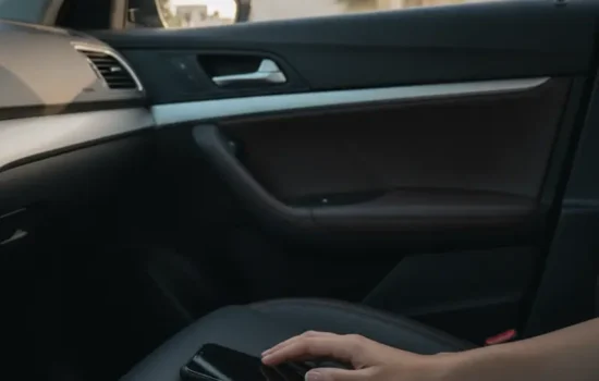 יד מושטת אל טלפון נייד המונח על מושב רכב, בתוך תא הנוסעים