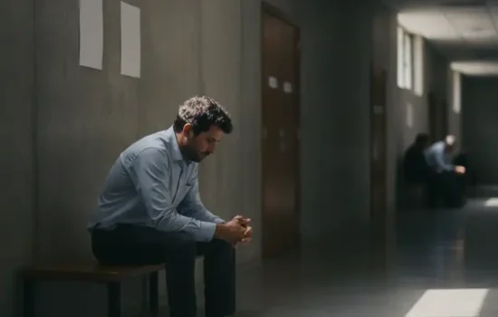 גבר ממתין בספסל במסדרון ועדה רפואית