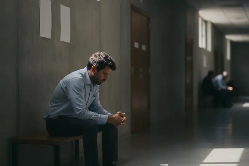 גבר ממתין בספסל במסדרון ועדה רפואית