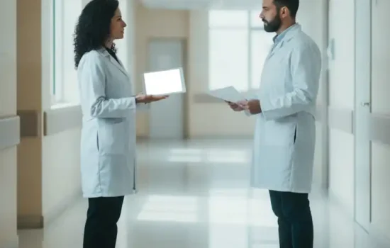 שני רופאים בחלוקים לבנים עומדים זה מול זה במסדרון