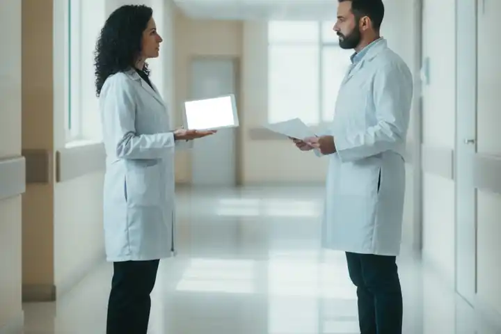 שני רופאים בחלוקים לבנים עומדים זה מול זה במסדרון