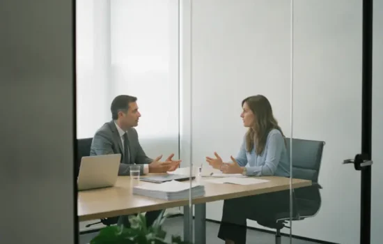 שני אנשים בישיבה בחדר עם קירות זכוכית במשרד מואר, שיחה עניינית באור יום