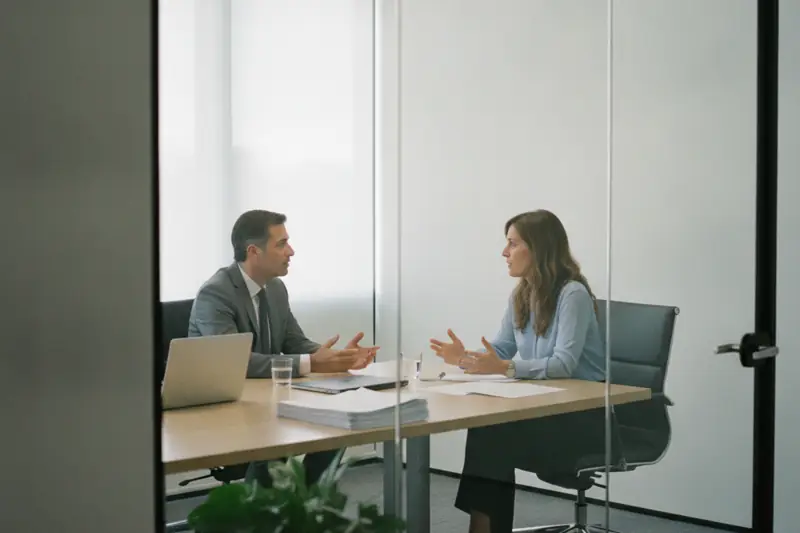 שני אנשים בישיבה בחדר עם קירות זכוכית במשרד מואר, שיחה עניינית באור יום