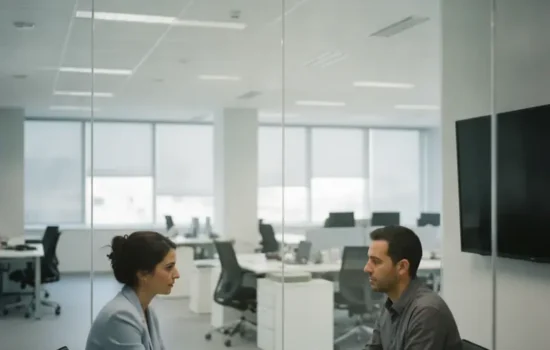 עובדת ומנהל יושבים משני צדי שולחן בחדר ישיבות מזוגג במשרד, בשיחת שימוע