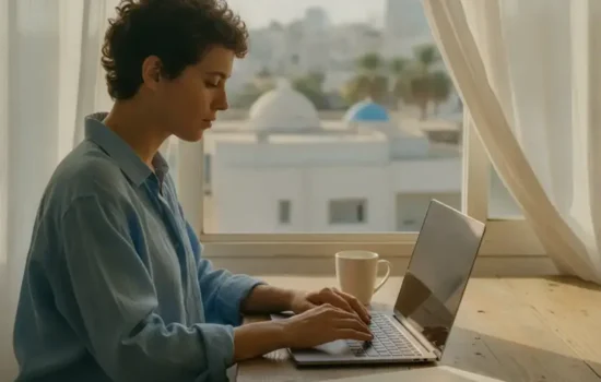 אדם עובד על מחשב נייד ליד חלון בדירה מוארת, ממחיש עבודה מרחוק מישראל עבור חברה זרה