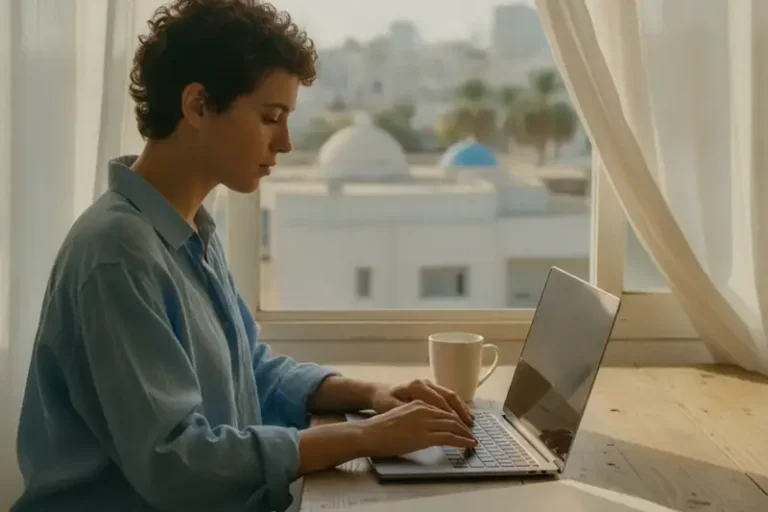 אדם עובד על מחשב נייד ליד חלון בדירה מוארת, ממחיש עבודה מרחוק מישראל עבור חברה זרה