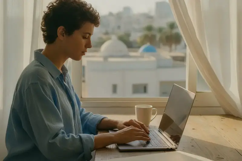 אדם עובד על מחשב נייד ליד חלון בדירה מוארת, ממחיש עבודה מרחוק מישראל עבור חברה זרה