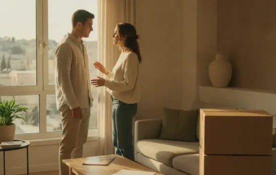 זוג צעיר משוחח בסלון מואר של דירה עם קרטוני מעבר, על רקע בדיקת הצמדת שכר הדירה למדד