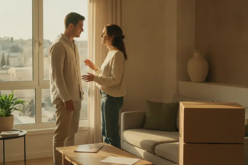 זוג צעיר משוחח בסלון מואר של דירה עם קרטוני מעבר, על רקע בדיקת הצמדת שכר הדירה למדד