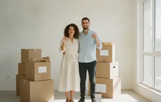 זוג צעיר עם מפתחות בדירה ריקה עם ארגזים