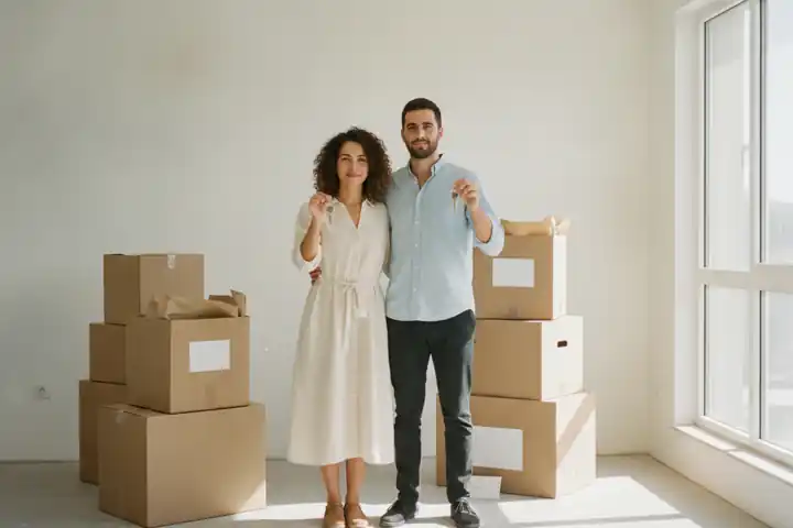 זוג צעיר עם מפתחות בדירה ריקה עם ארגזים