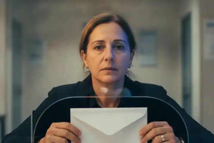 אישה מחזיקה מעטפה ריקה מול דלפק שירות של מוסד ציבורי