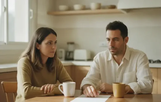 בני זוג יושבים לשולחן מטבח בהיר ומעיינים במסמך ריק, לאחר שהתגלה מידע חדש בתיק הירושה