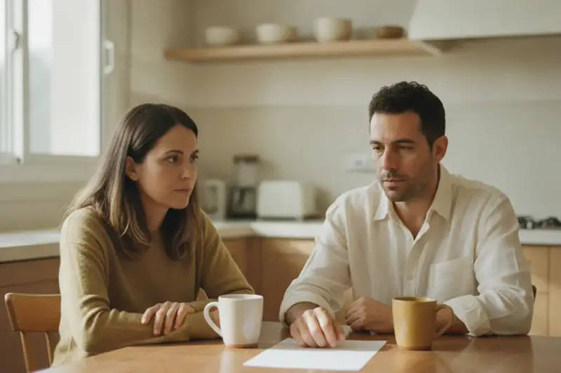 בני זוג יושבים לשולחן מטבח בהיר ומעיינים במסמך ריק, לאחר שהתגלה מידע חדש בתיק הירושה
