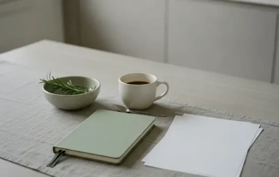 מבט מלמעלה על שולחן מטבח נקי עם מחברת סגורה וספל קפה, אור צהריים