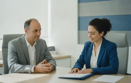לקוח יושב מול נציג בנק בסניף מואר ומנהל שיחה עניינית, ממחיש דרישה לקבלת מסמכים מהבנק