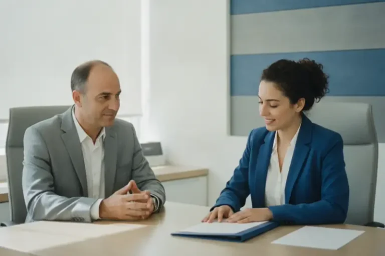 לקוח יושב מול נציג בנק בסניף מואר ומנהל שיחה עניינית, ממחיש דרישה לקבלת מסמכים מהבנק