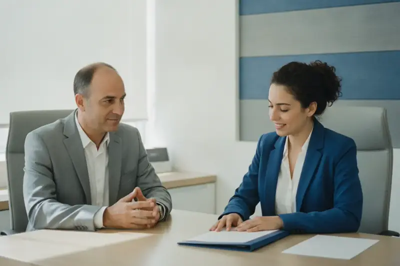 לקוח יושב מול נציג בנק בסניף מואר ומנהל שיחה עניינית, ממחיש דרישה לקבלת מסמכים מהבנק