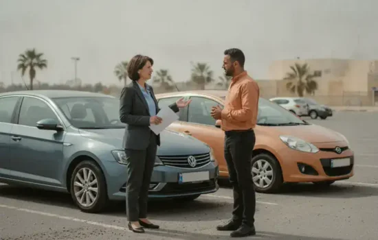 שני נהגים עומדים ליד רכביהם בחניון ומתעדים בשלווה תאונת דרכים שאירעה במסגרת העבודה