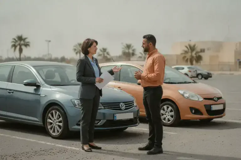 שני נהגים עומדים ליד רכביהם בחניון ומתעדים בשלווה תאונת דרכים שאירעה במסגרת העבודה