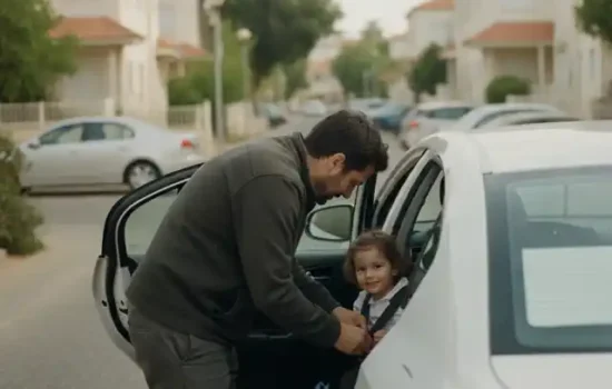 הורה חוגר ילד במושב בטיחות ברכב