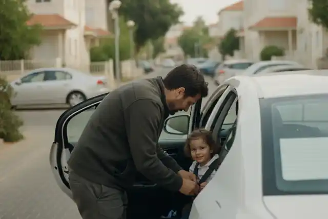 הורה חוגר ילד במושב בטיחות ברכב