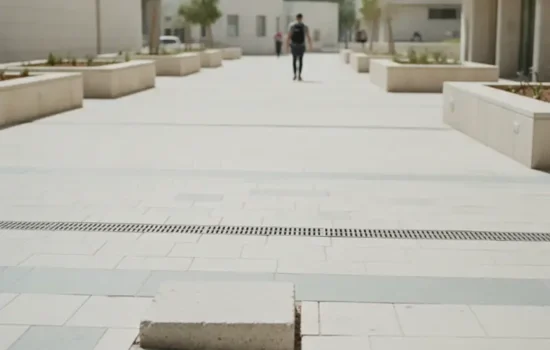 מדרכה בכיכר ציבורית עם אבן משתלבת בולטת, ממחישה מפגע שגרם לנפילה במקום ציבורי