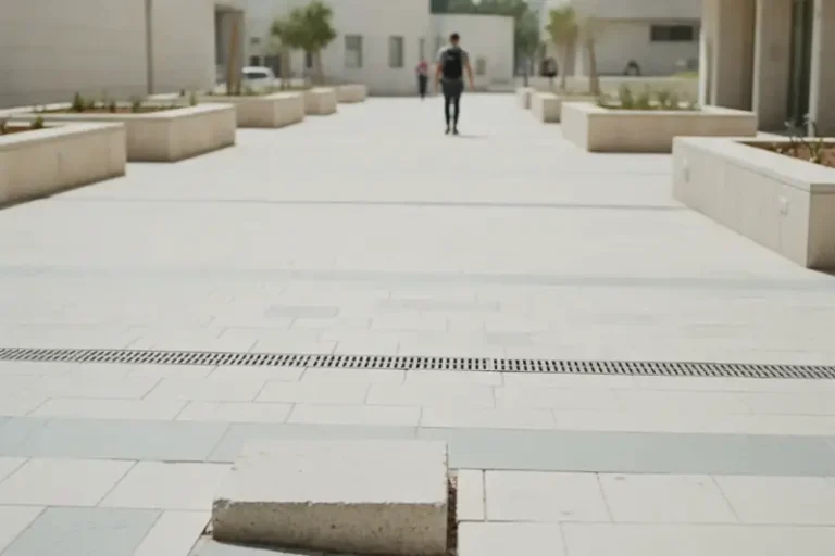 מדרכה בכיכר ציבורית עם אבן משתלבת בולטת, ממחישה מפגע שגרם לנפילה במקום ציבורי