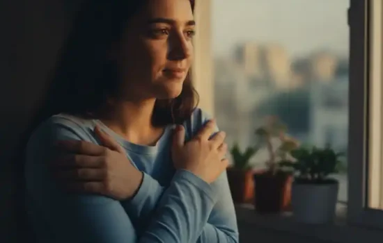 אישה צעירה עומדת ליד חלון בדירה ומחבקת את עצמה