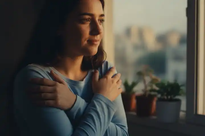 אישה צעירה עומדת ליד חלון בדירה ומחבקת את עצמה