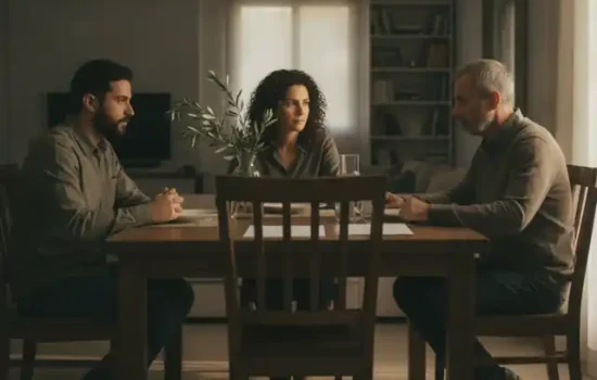 שלושה אחים בוגרים סביב שולחן אוכל עם כיסא ריק