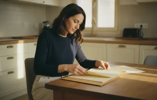 אישה יושבת ליד שולחן במטבח ומעיינת בתיק מסמכים פתוח