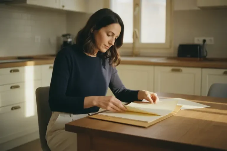אישה יושבת ליד שולחן במטבח ומעיינת בתיק מסמכים פתוח