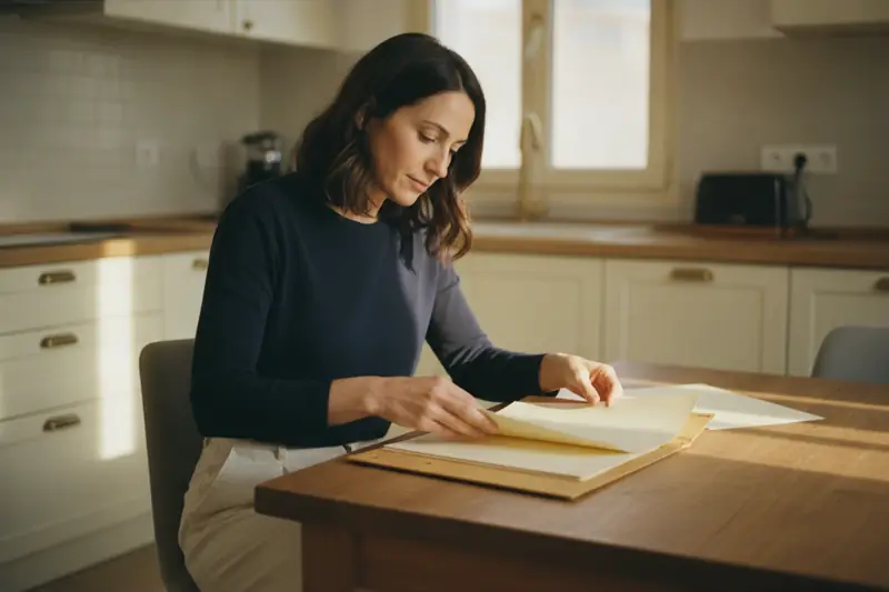 אישה יושבת ליד שולחן במטבח ומעיינת בתיק מסמכים פתוח