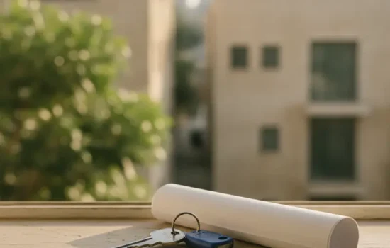 מפתחות דירה ותוכנית מגולגלת על אדן חלון באור בוקר, צמחייה מטושטשת ברקע