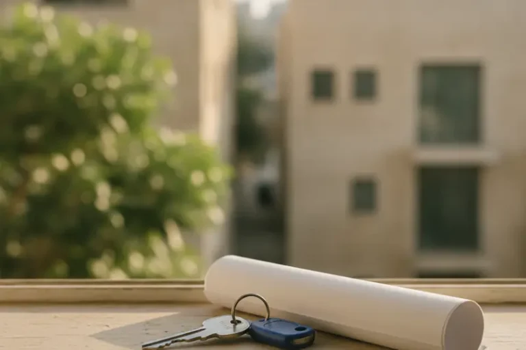 מפתחות דירה ותוכנית מגולגלת על אדן חלון באור בוקר, צמחייה מטושטשת ברקע
