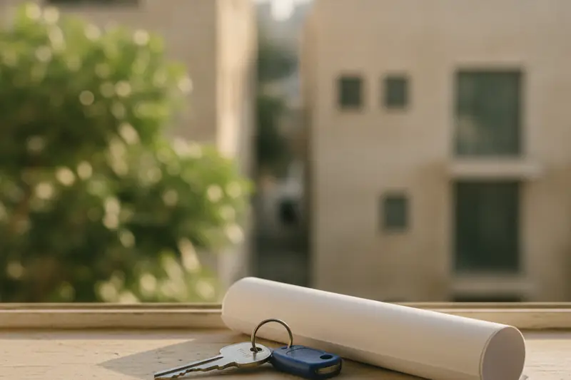 מפתחות דירה ותוכנית מגולגלת על אדן חלון באור בוקר, צמחייה מטושטשת ברקע