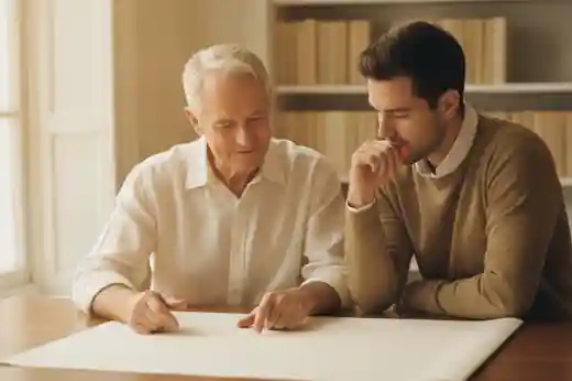 אדם מבוגר ואדם צעיר מעיינים יחד במסמך על שולחן עץ