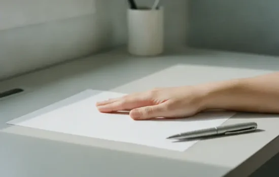 יד מונחת על דף ריק לצד עט על שולחן עבודה מסודר באור בוקר