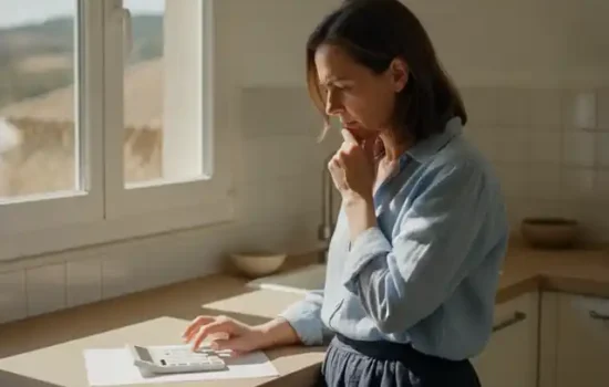 אישה עומדת במטבח עם מחשבון ודף ריק ובוחנת חישוב