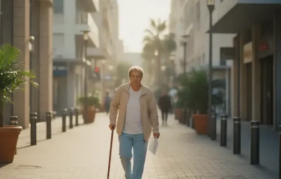 אדם בשלב שיקום הולך קדימה ברחוב עירוני מואר בעזרת מקל הליכה בשעת זהב