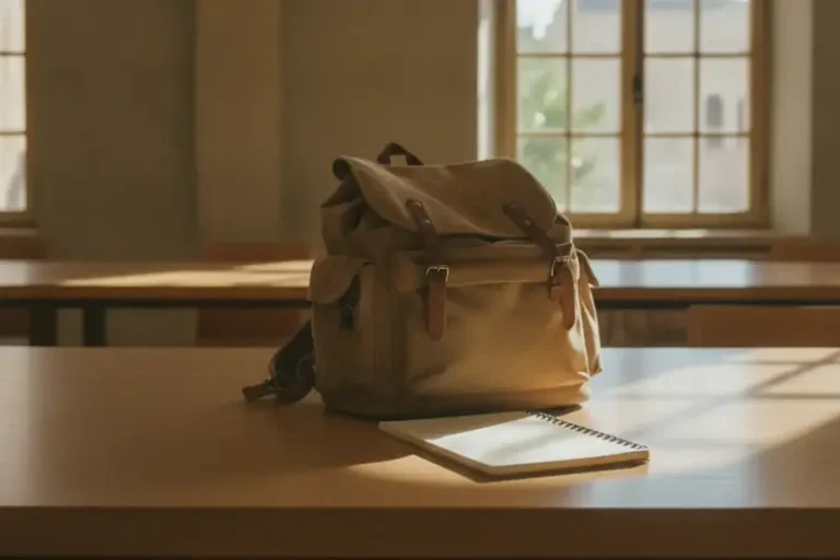 תיק גב ופנקס ריק על שולחן ספרייה ליד חלון