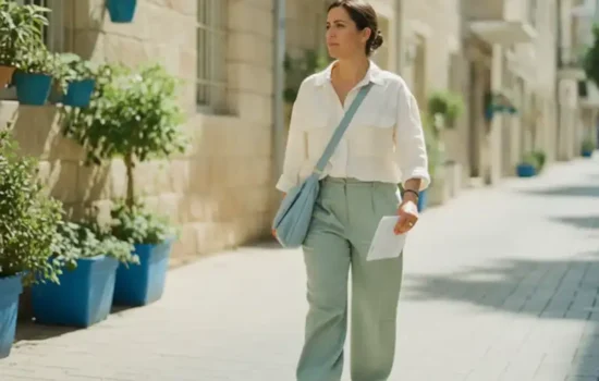 אישה צועדת במדרכה ברחוב ישראלי באור בוקר בדרכה לעבודה, בהקשר של תאונה בדרך לעבודה בביטוח לאומי