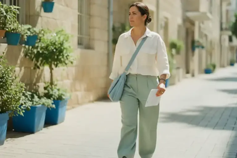 אישה צועדת במדרכה ברחוב ישראלי באור בוקר בדרכה לעבודה, בהקשר של תאונה בדרך לעבודה בביטוח לאומי