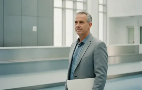 אדם ממתין באולם מוסד ציבורי מואר ומחזיק תיקייה, לאחר עיקול שהוטל במסלול גבייה מנהלית
