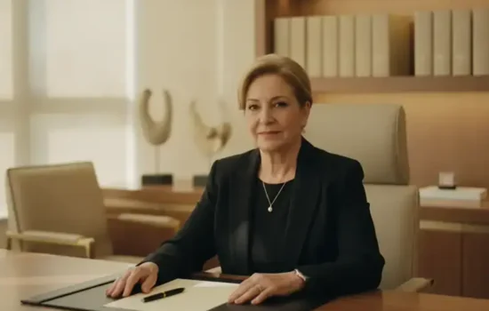 אישה בשנות השישים יושבת לשולחן במשרד עורכי דין מואר עם דף ריק ועט, לקראת עריכת הנחיות מקדימות למינוי אפוטרופוס